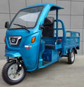 Blue electric cargo tricycle with enclosed cabin and rear cargo bed