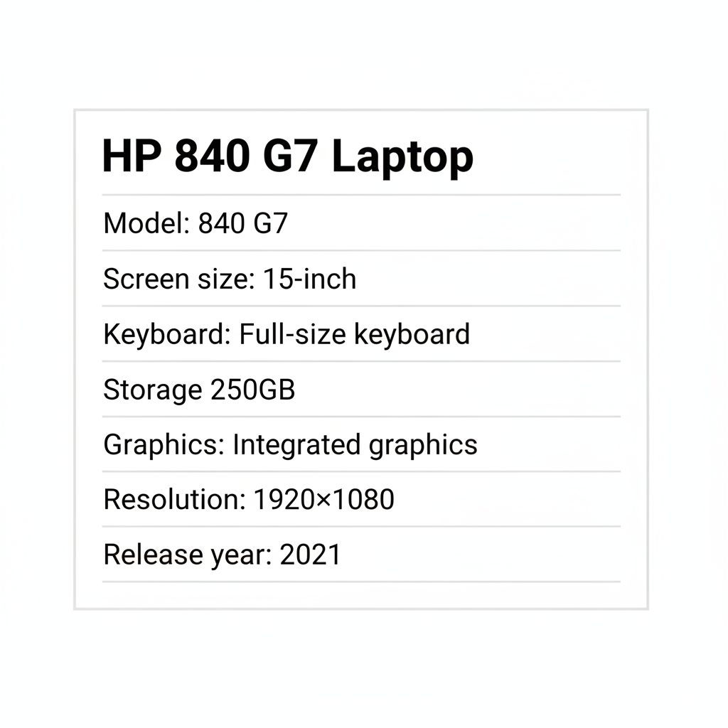 English specifications for HP 840 G7 laptop: 15-inch screen, full-size keyboard, 250GB storage, integrated graphics, 1920 by 1080 resolution, 2021